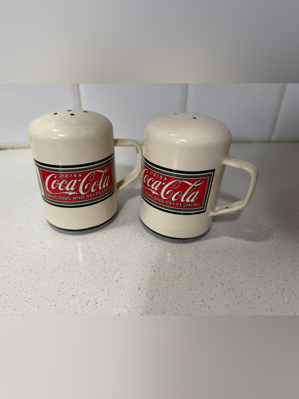 Coca Cola Cream Ceramic Mug-Style Salt & Pepper Shakers with Red Logo- enamel